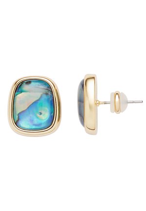 Boucles d’oreilles clous rectangulaires à monture dorée avec incrustation en nacre d’ormeau bleu-vert iridescent, une vue de face, l’autre de côté.