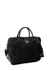 Schwarze, gesteppten Tasche aus Leder, mit zwei Henkeln, goldfarbenen Beschlägen und einem verstellbaren Schultergurt. Quadratische Form mit akzentuiertem Logo.