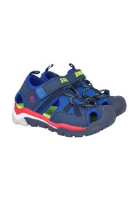 Sandalias azul marino con materiales de malla y goma. Presentan correas ajustables, acentos en verde brillante y una puntera reforzada.