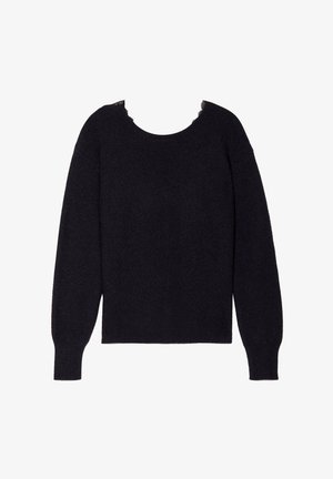 Czarny sweter z dzianiny o luźnym kroju, z okrągłym dekoltem wykończonym koronką, długimi rękawami oraz miękką, teksturowaną powierzchnią.