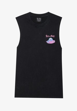 Black sleeveless shirt featuring a graphic print of a spaceship and text "Rick and Morty" in pink and white. Made of cotton.