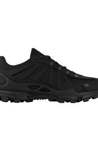 Black athletic shoe with mesh upper, rubber sole, and textured accents. Features reflective strips and streamlined design for breathability.