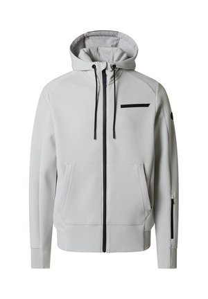 Giacca con cappuccio grigio chiaro con zip, coulisse nere, tasche frontali e piccolo logo nero sul petto e sulla manica.