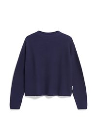 Navyblauwe cropped trui van gebreid stof, met lange mouwen, een ronde halslijn en een subtiele zijlabeldetail.