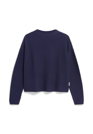 Navyblauwe cropped trui van gebreid stof, met lange mouwen, een ronde halslijn en een subtiele zijlabeldetail.