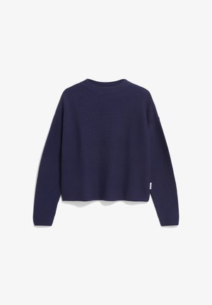 Navyblauwe cropped trui van gebreid stof, met lange mouwen, een ronde halslijn en een subtiele zijlabeldetail.