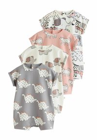 Cuatro monos de manga corta con estampado de animales en gris claro, rosa, crema y blanco. Cada uno presenta ilustraciones divertidas de dinosaurios y animales.