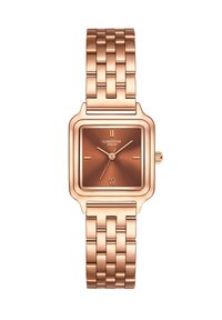 Roosakuldne käekell, millel on ruudukujuline nägu, pruun taust, minimalistlikud tundemarkerid ja linkmetallist käevõru. Includes peene libliklogo.