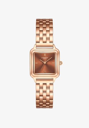 Roségoldene Armbanduhr mit quadratischem Ziffernblatt, braunem Ziffernblatt, minimalistischen Stundenmarkierungen und einem verlinkten Metallarmband. Mit einem dezenten Schmetterlingslogo.