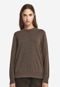 Sweater en tricot marron avec un col rond côtelé, des manches longues et une coupe décontractée. Texture douce avec un ourlet et des poignets légèrement lâches.