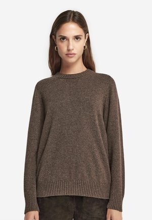 Brauner Strickpullover mit einem gerippten Rundhalsausschnitt, langen Ärmeln und einer lockeren Passform. Weicher Stoff mit einem leicht lockeren Saum und Bündchen.