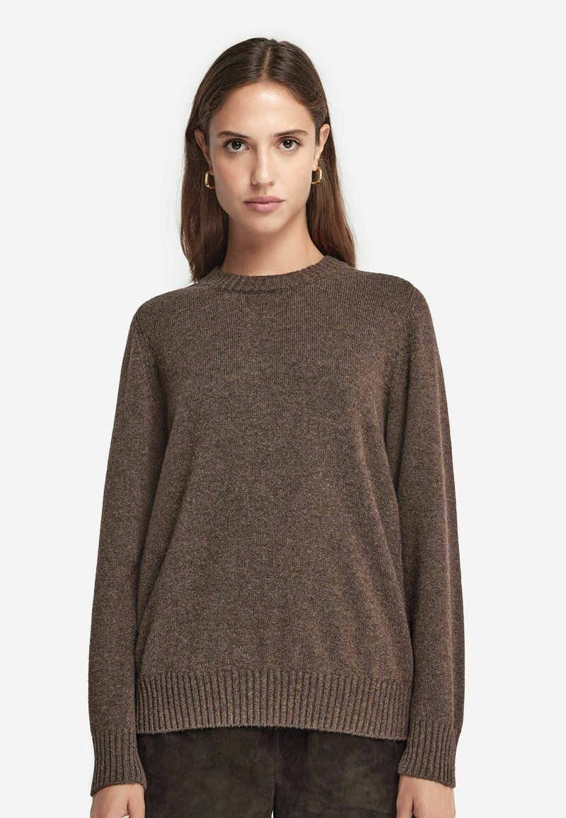 Sweater en tricot marron avec un col rond côtelé, des manches longues et une coupe décontractée. Texture douce avec un ourlet et des poignets légèrement lâches.