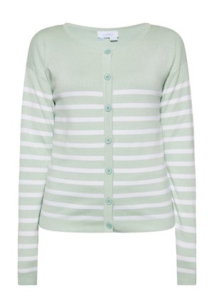 Cardigan verde deschis cu dungi orizontale albe, guler rotund și șase butoane turcoaz. Textură moale, mâneci lungi, design ajustat.