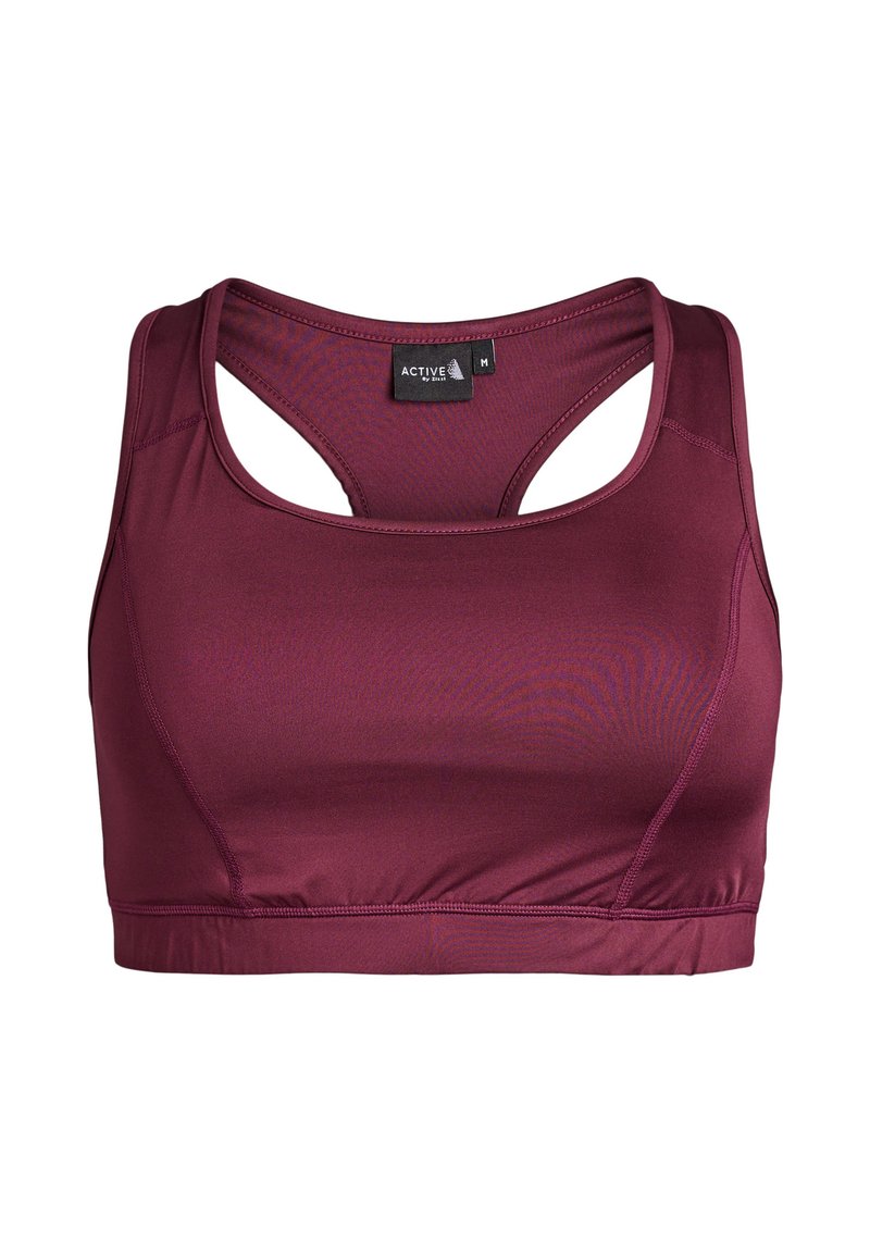 Sujetador deportivo color granate con una textura suave, diseño de espalda cruzada y una banda elástica en la parte inferior. Incluye una etiqueta con la palabra "ACTIVE" y la talla "M".