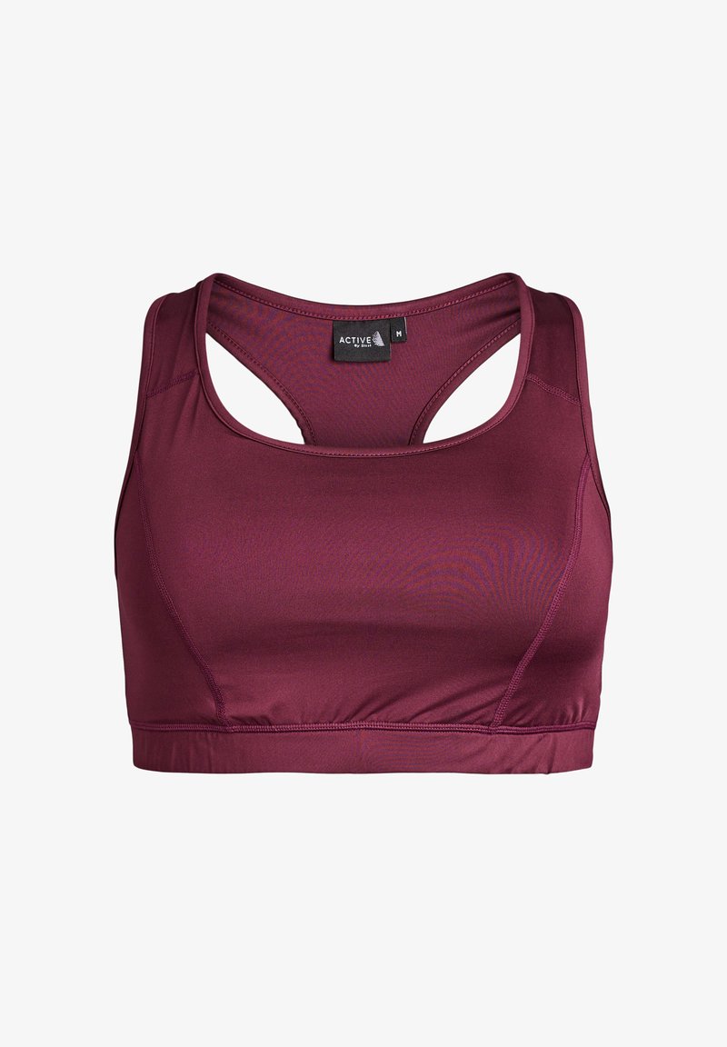 Sujetador deportivo color granate con una textura suave, diseño de espalda cruzada y una banda elástica en la parte inferior. Incluye una etiqueta con la palabra "ACTIVE" y la talla "M".