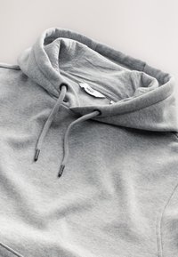 Sweat à capuche gris en tissu doux, avec capuche à cordon, poche kangourou et texture lisse. Étiquette de la marque visible à l'intérieur.