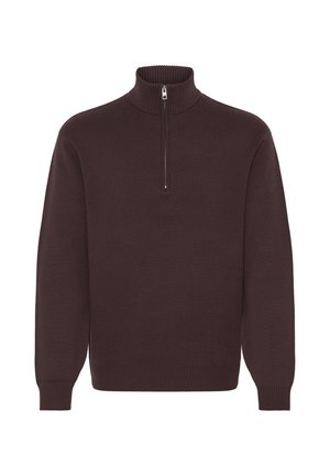 Ciemnobrązowy sweter z długim rękawem, z prążkowanym kołnierzem, mankietami i dołem, z półzamkiem przy przednim dekolcie.