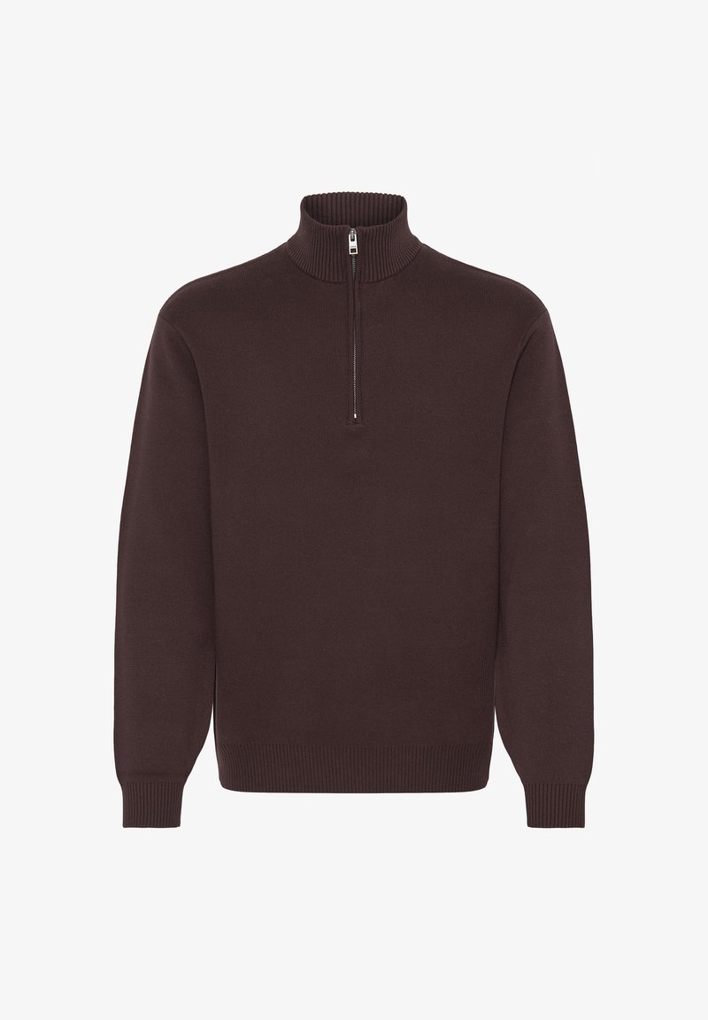 Pull marron foncé à manches longues avec col, poignets et bas côtelés, avec une fermeture éclair demi-zip au niveau du col à l'avant.