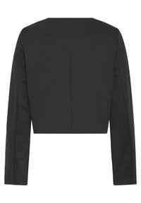 Veste courte noire à manches longues avec une couture droite dans le dos et des épaules structurées, présentée sur un fond blanc.