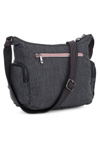 Gray fabric crossbody bag with a textured surface, featuring a front zip pocket with colorful striped accents and adjustable strap.