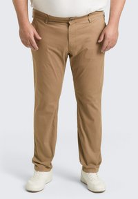Khaki chino's met een recht-model, gemaakt van katoen, met een knoop- en ritssluiting, zijzakken en een gladde textuur.