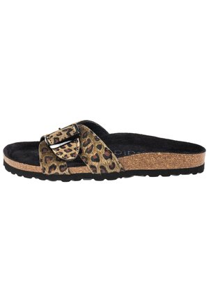 Leopardmønstret slidesandal med sort spænde, kork-fodseng og struktureret gummisål. Blødt materiale og åben tå-design.