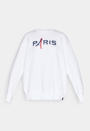 Fehér kapucnis pulóver, hátul kék és vörös hímzett "PARIS" felirattal. Kerek nyakú és bordás mandzsettákkal rendelkezik. Simább textúra.