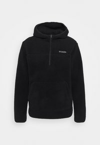 Sort fleece pullover hoodie med kvart lynlås, en stor forlommet og en blød tekstur. Har et logo på brystområdet.