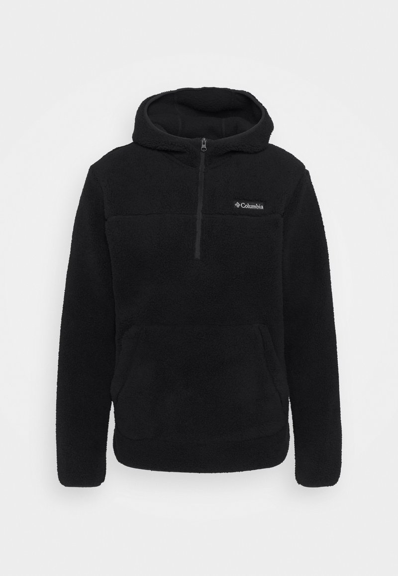 Sort fleece pullover hoodie med kvart lynlås, en stor forlommet og en blød tekstur. Har et logo på brystområdet.