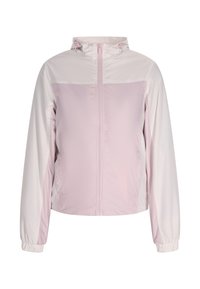 Letvægts lynlåsjakke i pastelpink med hætte, elastiske manchetter og en glat overflade; hvide detaljer på skuldrene.