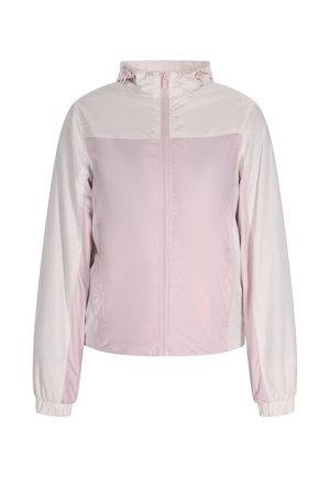 Leichte, mit Reißverschluss vorn zu schließende Jacke in Pastellrosa, mit Kapuze, elastischen Bündchen und einer glatten Textur; weiße Akzente auf den Schultern.