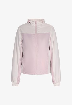 Lightweight, zip-front jacket in pastel pink, featuring a hood, elastic cuffs, and a smooth texture; white accents on shoulders.