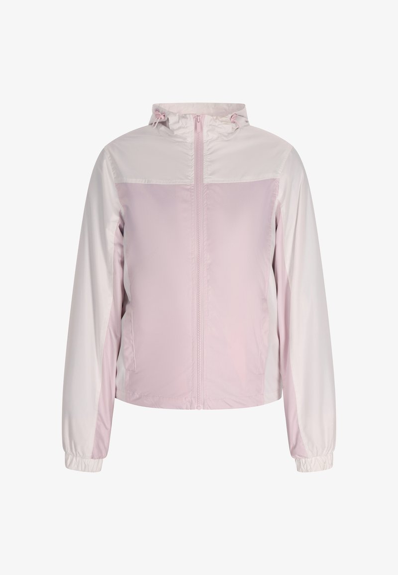 Leichte, mit Reißverschluss vorn zu schließende Jacke in Pastellrosa, mit Kapuze, elastischen Bündchen und einer glatten Textur; weiße Akzente auf den Schultern.