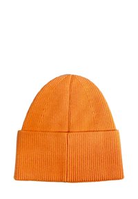 Knit orange beanie with a ribbed texture, featuring a folded cuff and a rounded top design.