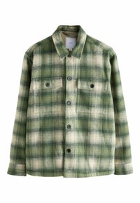 Zaļš un krēmkrāsas šallis ar pārbaudījumu, divām krūšu kabatām, melniem pogām un apkakli. Izgatavots no mīksta, teksturēta auduma.