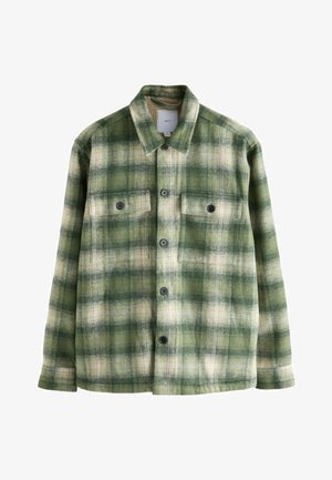 Grøn og creme ternet skjortejakke med to brystlommer, sorte knapper og krave. Lavet af blødt, struktureret stof.
