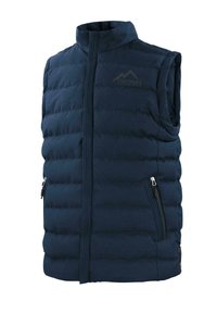 Navyblaues Steppweste mit hohem Kragen, Frontreißverschluss und zwei seitlichen Reißverschlusstaschen. Verfügt über eine gesteppte Textur und dezente Logodetails.