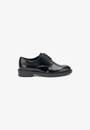 Scarpe eleganti da uomo in pelle nera con finitura liscia, punta arrotondata e design con lacci. Presenta una suola piatta e dettagli di cucitura discreti.
