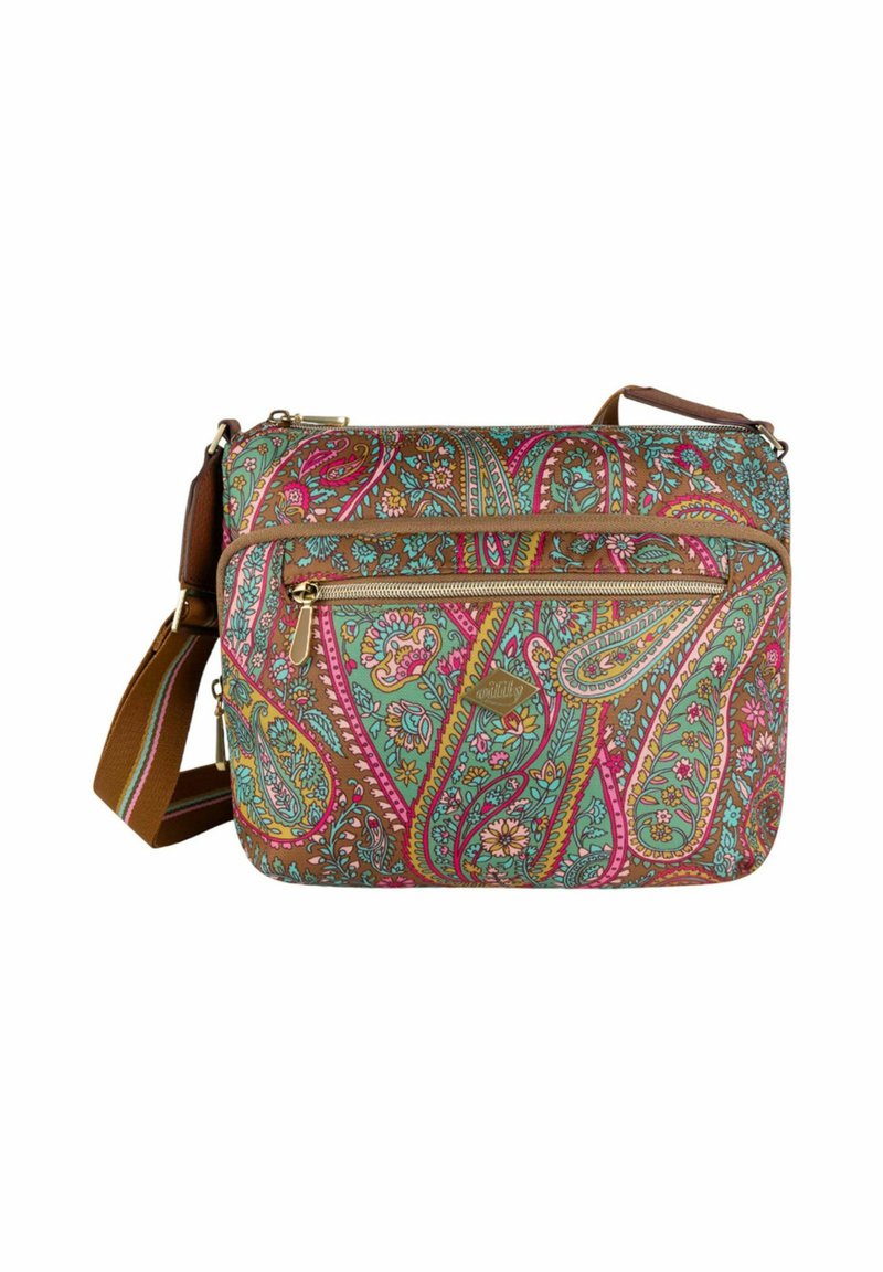 Borsa a spalla multicolore con motivo paisley in rosa, turchese e marrone. Ha una tasca frontale con zip e una tracolla regolabile.