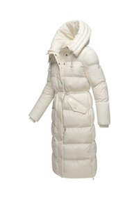 Long puffer coat in light cream, featuring a drawstring hood, snap buttons, elastic cuffs, and front pockets with flaps.