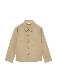 Beige katoenen jack met een kraag, sluiting met knopen aan de voorkant, twee borstzakken en lange mouwen. Heeft een subtiele textuur en metalen knopen.