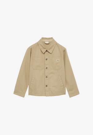 Beige katoenen jack met een kraag, sluiting met knopen aan de voorkant, twee borstzakken en lange mouwen. Heeft een subtiele textuur en metalen knopen.