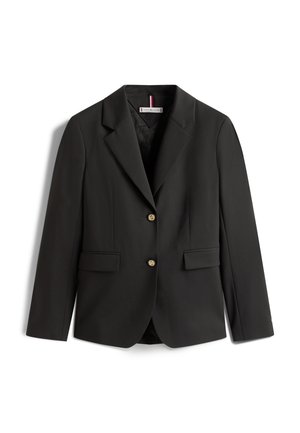Sort blazer lavet af glat stof, med en spids lapel, to forlommer og guldknapper. Klassisk skræddersyet pasform.