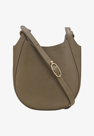 Olive green leather shoulder bag with a textured finish, curved shape, adjustable strap, and gold-tone hardware accent.