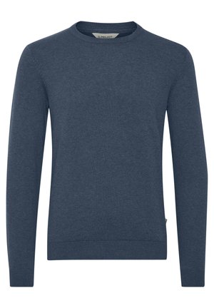 Pulover bleumarin cu guler rotund, realizat dintr-un material moale din bumbac. Mâneci lungi cu manșete și tiv ribbed. Textură simplă, netedă, fără modele.