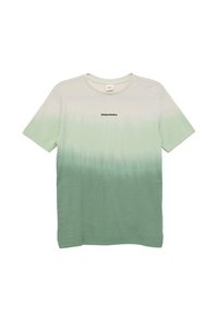 Lekki bawełniany t-shirt z gradientem od kremowego do jasnoszarego, z krótkimi rękawami i napisem "(nie)doskonałość" w kolorze czarnym.