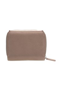 Portafoglio in morbida pelle taupe dalla texture, di forma rettangolare, con zip e un piccolo bracciolo laterale.