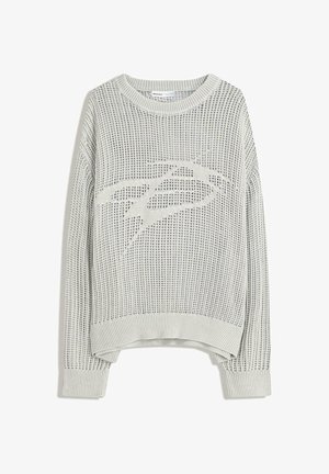 Light gray knitted sweater with a loose weave, featuring a large cut-out logo design, ribbed cuffs, and hem.