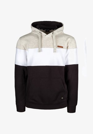 Felpa con cappuccio caratterizzata da blocchi di colore grigio chiaro, bianco e nero, con una tasca frontale, stringhe e una piccola etichetta con marchio. Materiale in misto cotone.