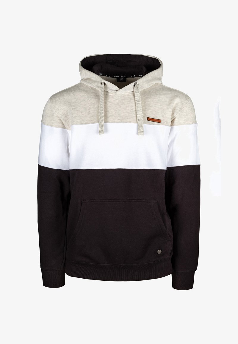 Felpa con cappuccio caratterizzata da blocchi di colore grigio chiaro, bianco e nero, con una tasca frontale, stringhe e una piccola etichetta con marchio. Materiale in misto cotone.